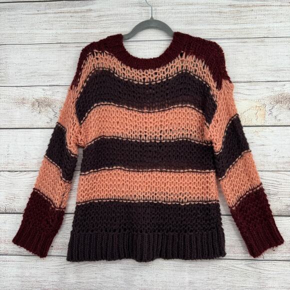 Lili's Closet Open Knit Striped Sweater Womens Small Pink Burgundy Gray - Picture 2 of 9
